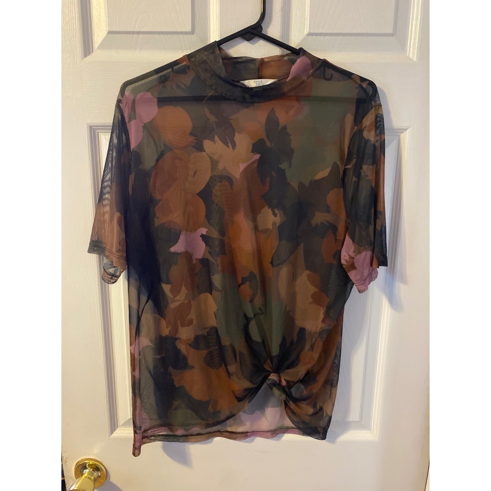 Time and Tru Womens XXXL 22 Mesh Mock Neck Front Knot Floral Camo Sheer Top